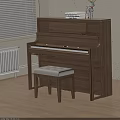 Instruments and Art Supplies in Wooden Piano Room with Padded Stool Window Blinds and Radiator