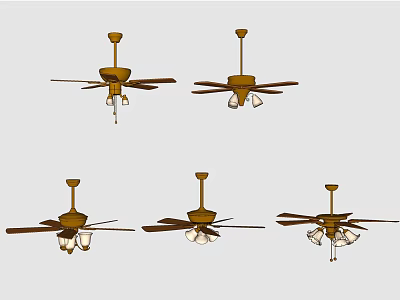 Multiple Brown Ceiling Fans With Blades And Lights For Indoor Spaces 3d model