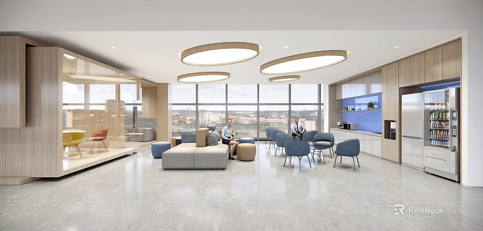 Modern Leisure Area Interior With Comfortable Sofa Seating Circular Lights And Large Windows 3d model