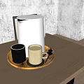 White Kettle With Two Mugs On Wooden Tray And Geometric Decorative Painting