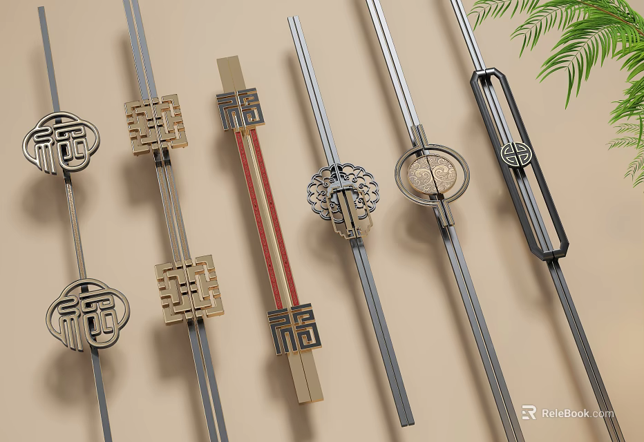 Chinese Style Furniture Handles With Fortune Character Patterns And Metal Wood Materials 3d model 