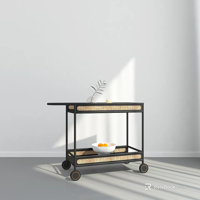 Indoor Black Metal Trolley with Rattan Accents Potted Plant and Fruit Bowl 3d model 