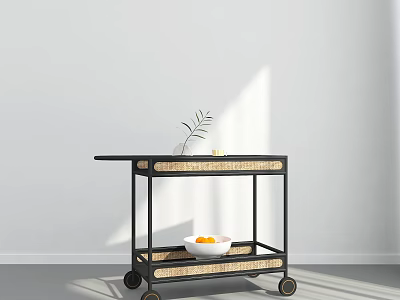 Indoor Black Metal Trolley with Rattan Accents Potted Plant and Fruit Bowl 3d model