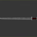 Long Metal Sword With Red Hilt And Shiny Blade On Smooth Surface Background