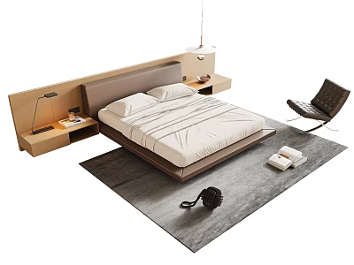 Contemporary Double Bed With Brown Headboard White Bedding Nightstands Lamps Rocking Chair And Gray Rug 3d model