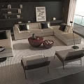 Modern White Sofa and Red Coffee Table Set with Black Cushions Accent Chairs and Rug