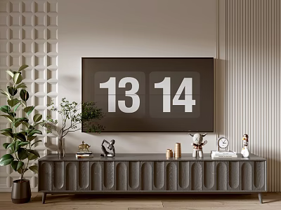 Modern TV Stand Design With Geometric Striped Wall And Decorative Items Potted Plants Clock Candles 3d model