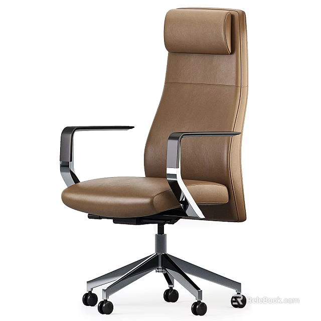 Brown Leather Office Chair With Metal Armrests And Five Star Metal Base 3d model 