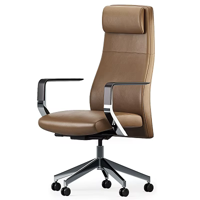 Brown Leather Office Chair With Metal Armrests And Five Star Metal Base 3d model