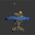 Round Blue Platform Scene With Green Island Buildings Trees Orange Boats And Yellow Sun