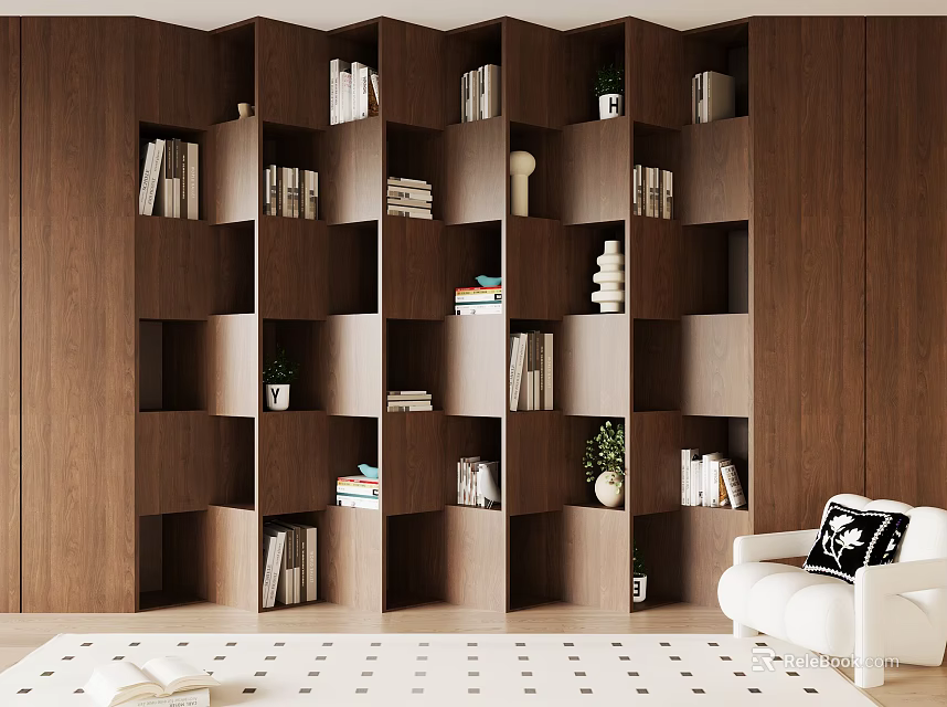 Modern Wooden Bookcase Featuring Multiple Compartments With Books Decorative Items Small Plants And White Sofa 3d model 