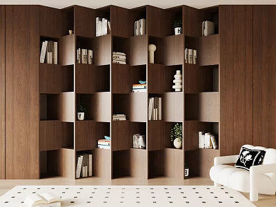 Modern Wooden Bookcase Featuring Multiple Compartments With Books Decorative Items Small Plants And White Sofa 3d model