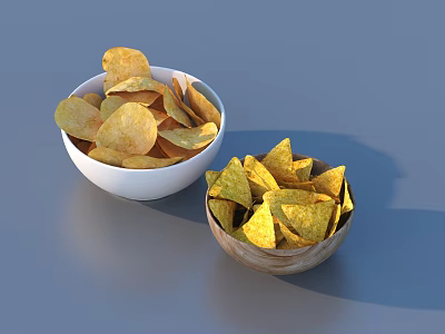 Potato Chips and Tortilla Chips in White and Wooden Bowls on Gray Tabletop 3d model
