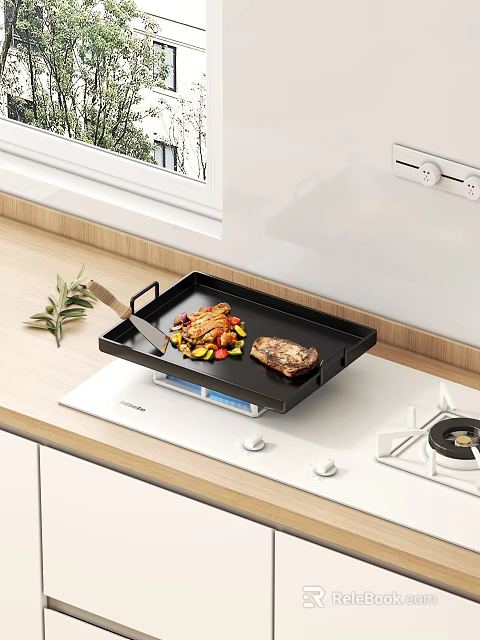 Modern Kitchen Interior With Black Grill Pan Steak And Vegetables On White Cooktop Wooden Countertop 3d model 