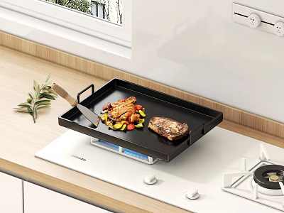Modern Kitchen Interior With Black Grill Pan Steak And Vegetables On White Cooktop Wooden Countertop 3d model