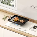 Modern Kitchen Interior With Black Grill Pan Steak And Vegetables On White Cooktop Wooden Countertop