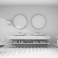 Modern Minimalist Bathroom Vanity With Double Round Mirrors Geometric Patterned Tiles And Natural Light