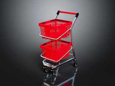 Red Two Tiered Shopping Cart With Red Baskets Black Handle And Wheels 3d model