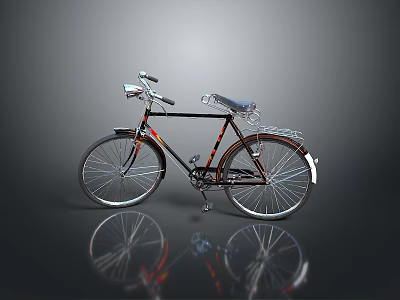 Vintage Bicycle Featuring Front Light Rear Rack And Spoked Wheels On Gray With Shiny Reflection 3d model