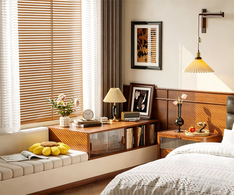 Bay Window Cabinet in Bedroom with Bed Table Lamp Books and Fruits 3d model 