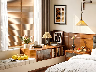 Bay Window Cabinet in Bedroom with Bed Table Lamp Books and Fruits 3d model
