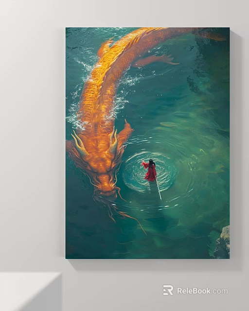 Abstract Painting Featuring Mythical Orange Dragon And Person In Red Swimming In Turquoise Water 3d model 
