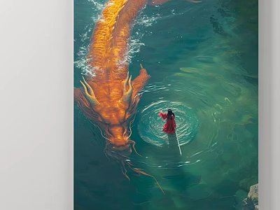 Abstract Painting Featuring Mythical Orange Dragon And Person In Red Swimming In Turquoise Water 3d model