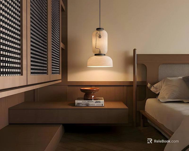Minimalist Bedroom Pendant Light With Warm Glow Over Wooden Nightstand And Bed Frame 3d model 