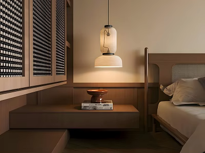 Minimalist Bedroom Pendant Light With Warm Glow Over Wooden Nightstand And Bed Frame 3d model
