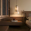 Minimalist Bedroom Pendant Light With Warm Glow Over Wooden Nightstand And Bed Frame