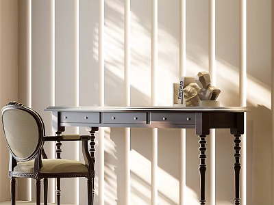 Elegant Wooden Desk with Chair Beside Sunlight Shadows on Vertical Striped Wall and Books Decorations 3d model
