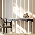 Elegant Wooden Desk with Chair Beside Sunlight Shadows on Vertical Striped Wall and Books Decorations