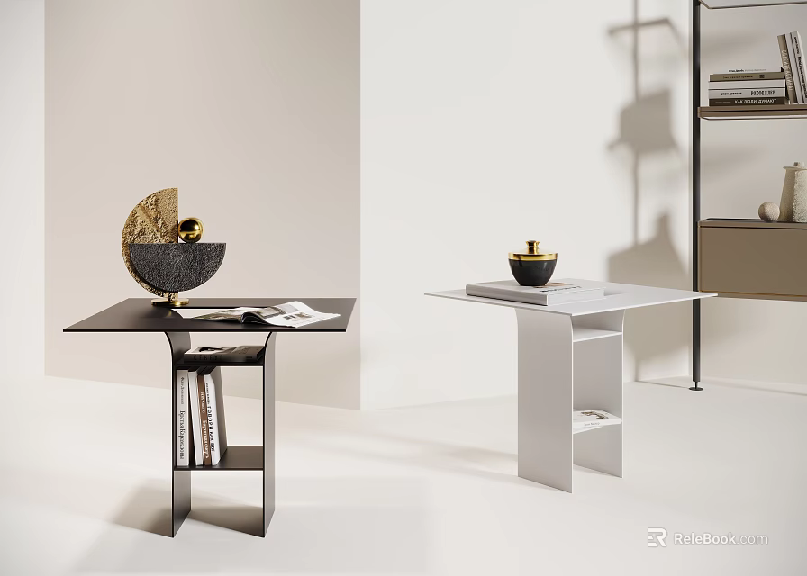 Modern Black And White Corner Tables With Metal Frames And Decorative Books On Top 3d model 