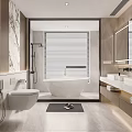 Modern Bathroom Interior Design With Bathtub Double Sinks Marble Countertops And Window Blinds