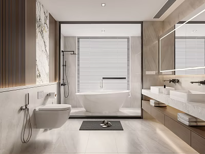 Modern Bathroom Interior Design With Bathtub Double Sinks Marble Countertops And Window Blinds 3d model