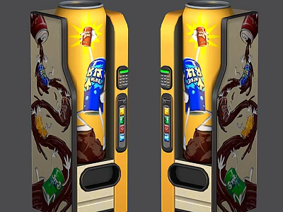 Yellow Commercial Vending Machines Featuring Beverage Ads for Drink Dispensing in Public Spaces 3d model