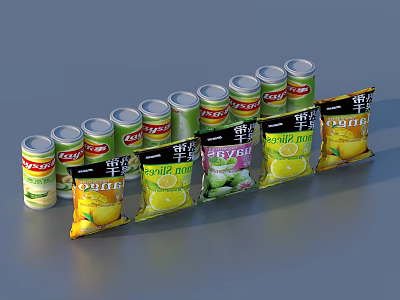Colorful Daily Necessities Display With Beverage Cans And Snack Bags In Various Flavors Arranged Neatly 3d model