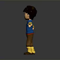 3D Cartoon Game Movie Character Boy Wearing Blue Vest Yellow Sleeves Standing with Outstretched Hand