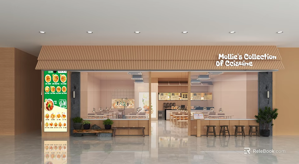 Mollie's Coffee & Cakehouse Restaurant With Wooden Facade Glass Windows And Interior Seating 3d model 