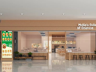 Mollie's Coffee & Cakehouse Restaurant With Wooden Facade Glass Windows And Interior Seating 3d model