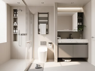 Modern Bathroom Interior Design With Glass Shower Toilet Marble Vanity And Cabinets 3d model