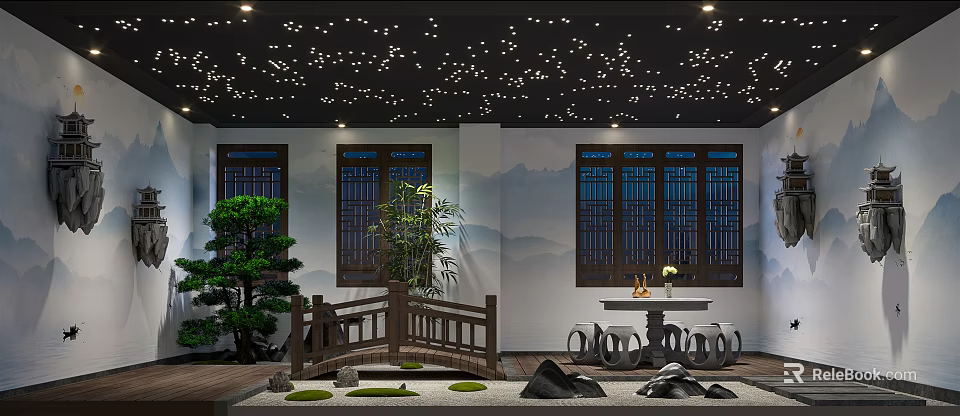 Zen Indoor Courtyard With Starry Ceiling Traditional Windows Wooden Bridge And Green Plants 3d model 