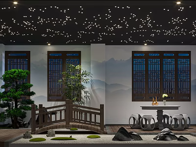 Zen Indoor Courtyard With Starry Ceiling Traditional Windows Wooden Bridge And Green Plants 3d model