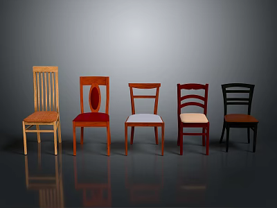 Assorted Style Wooden Furniture Chairs With Diverse Backrest Designs And Colors 3d model