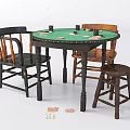 Green Round Entertainment Table with Playing Cards Chips Chairs and Stool 3d model