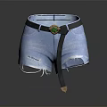 Denim Shorts with Distressed Design and Black Belt Featuring Green Gem Buckle