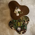 Modern Coffee Tables Set Wooden And Patterned With Fruits Books Flower Vase On Beige Rug