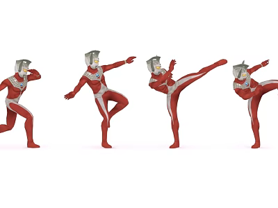 Ultraman Game Movie Character In Four Different Action Poses With Red White Silver Costume 3d model