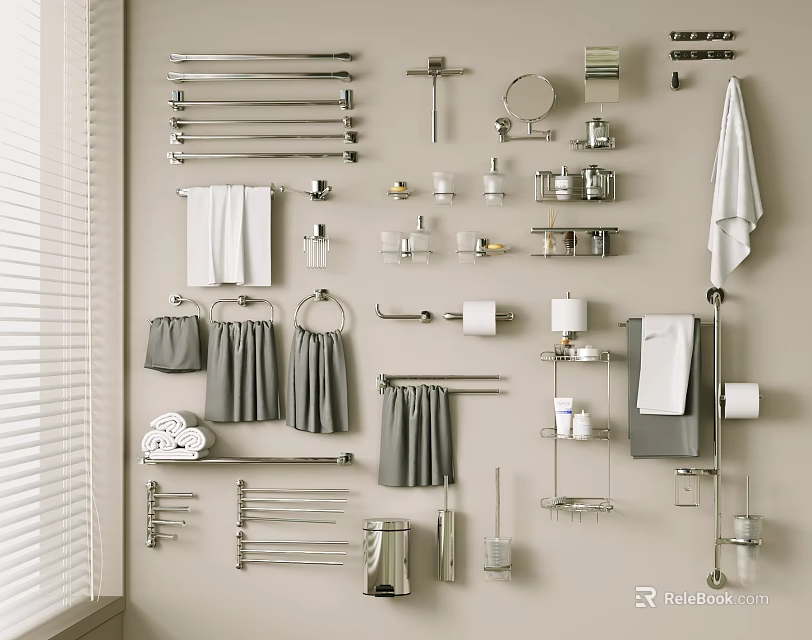 Modern Bathroom Accessories Collection With Towel Racks Mirrors And Storage Shelves 3d model 