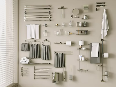 Modern Bathroom Accessories Collection With Towel Racks Mirrors And Storage Shelves 3d model